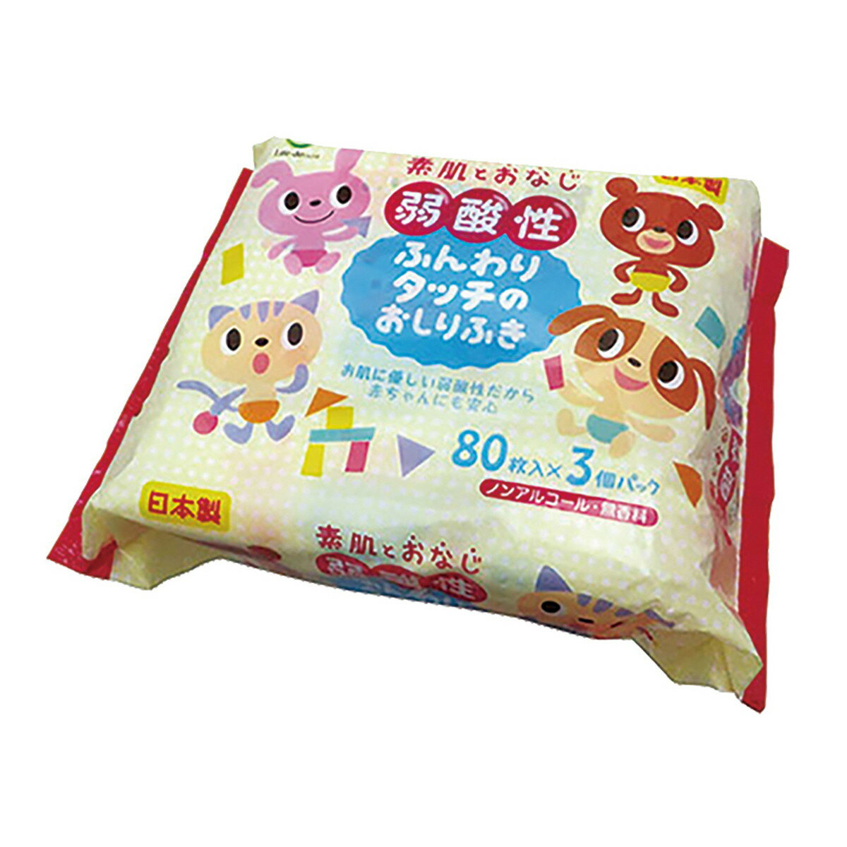 【送料込・まとめ買い×12個セット】Life-do.Plus ライフ堂 弱酸性 ふんわりリタッチのおしりふき 80枚×3個パック