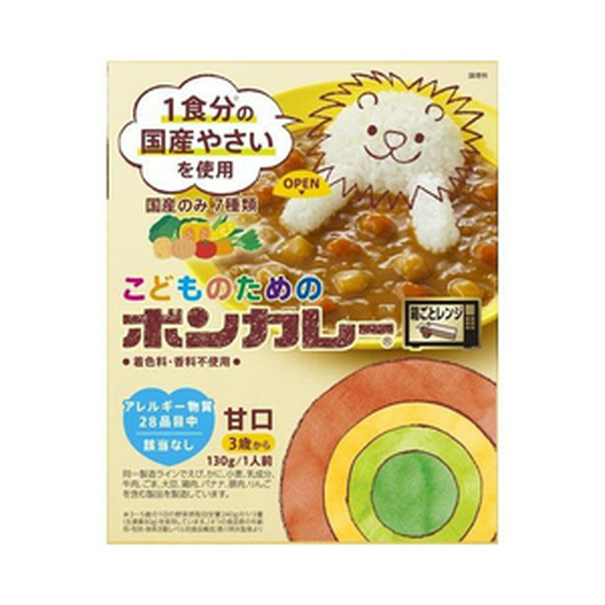 商品名：大塚食品 こどものためのボンカレー 甘口 3歳から 130g内容量：130gJANコード：4901150112840発売元、製造元、輸入元又は販売元：大塚食品商品番号：103-*030-4901150112840商品説明国産野菜の甘みと旨みがとけこむ、まろやかな甘口カレー。1食分※1の国産野菜を使用。野菜は国産のみ7種類。アレルギー物質28品目対応※2。※1　3〜5歳の1日の野菜摂取目安量240gの1/3量（生換算80g）を使用しています。「4つの食品群の年齢別・性別・身体活動レベル別食品構成」 『八訂食品成分表2024』資料編、女子栄養大学出版部より※2　同一製造ラインでえび、かに、小麦、乳成分、牛肉、ごま、大豆、鶏肉、バナナ、豚肉、りんごを含む製品を製造しています。3歳ごろから食べられます。具材は食べやすい大きさにしています。温めなくてもおいしく召し上がれます。フタを開けて箱ごとレンジで調理。広告文責：アットライフ株式会社TEL 050-3196-1510 ※商品パッケージは変更の場合あり。メーカー欠品または完売の際、キャンセルをお願いすることがあります。ご了承ください。