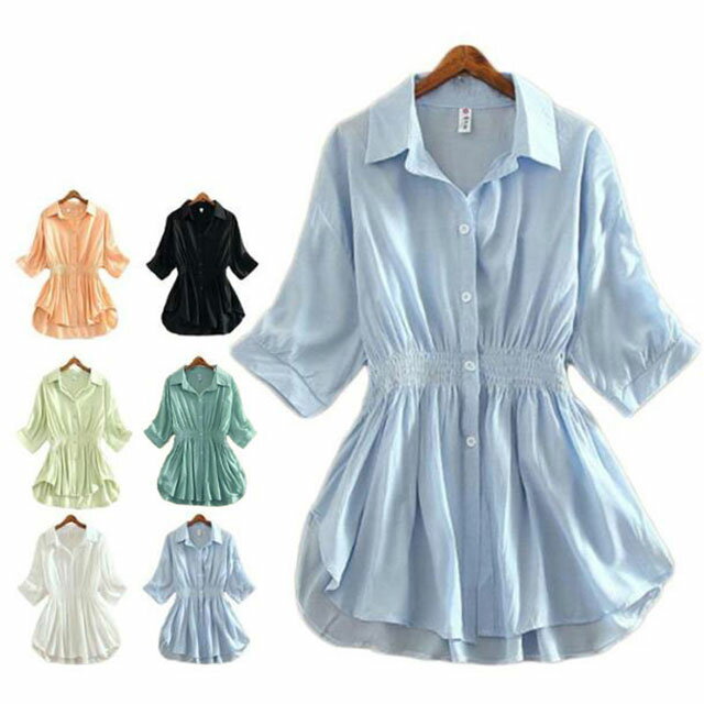 Rakuten - レディース ブラウス 白 シャツ 七分袖 大きいサイズ トップス 綿 襟付き 夏服 送料無料 オフィス カジュアル ナチュラル Tシャツ 大人 ロングシャツ
