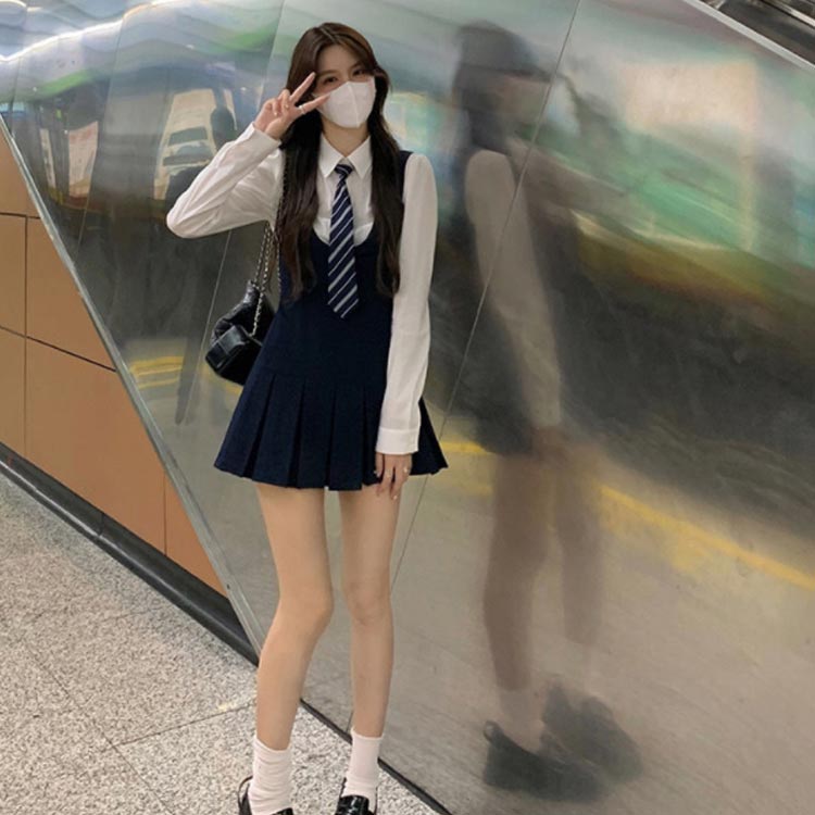 学生服 制服 シャツ ジャンパースカート ネクタイ 3点セット 女子高生 長袖 スクールシャツ ショート丈 ミニ丈 プリーツスカート ワンピース スクールスカート JK 制服 無地 コスプレ スクール 女子 中学生 高校生 制服 フォーマル 卒業式 入学式 発表会 通学 送料無料