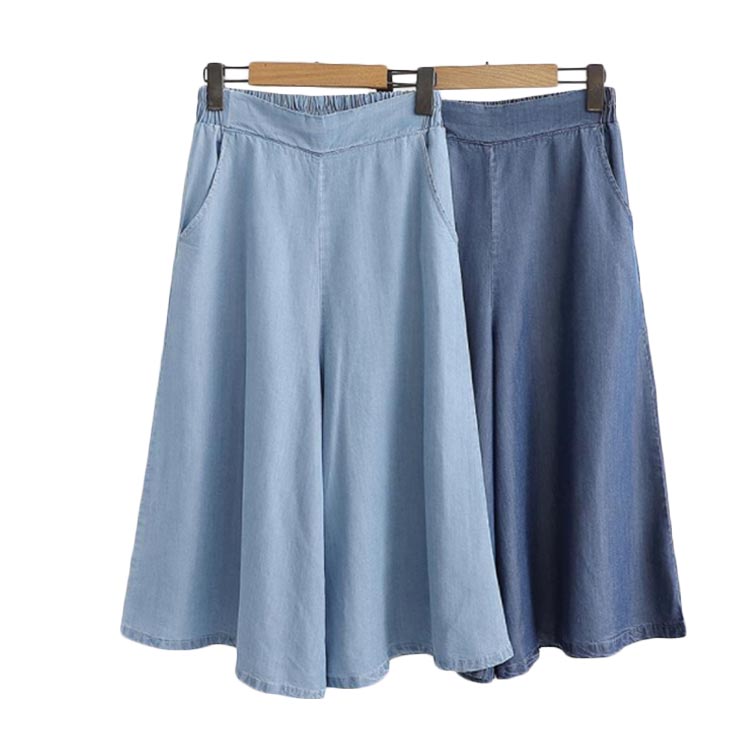 ワイドパンツ レディース 夏 薄手 ゆったり デニムワイドパンツ デニムパンツ 七分丈 ウエストゴム ハイウエスト パンツ ガウチョパンツ お洒落 カジュアル ゆったり ボトムス 夏新作 送料無料 無地 シンプル(4)