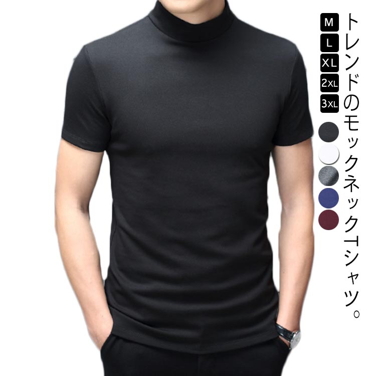 【2枚組】 【送料無料】 Tシャツ カットソー 半袖 メンズ 半袖tシャツ 夏 モックネック ハイネック トップス 大きいサイズ スリム 無地 シンプル カジュアル スポーツ モックネックシャツ ハイネックtシャツ トップス カットソー(4.0)