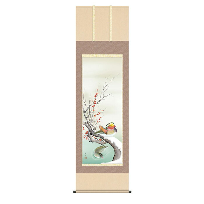 掛け軸 梅に鴛鴦 森山観月 54.5x190cm 三幸