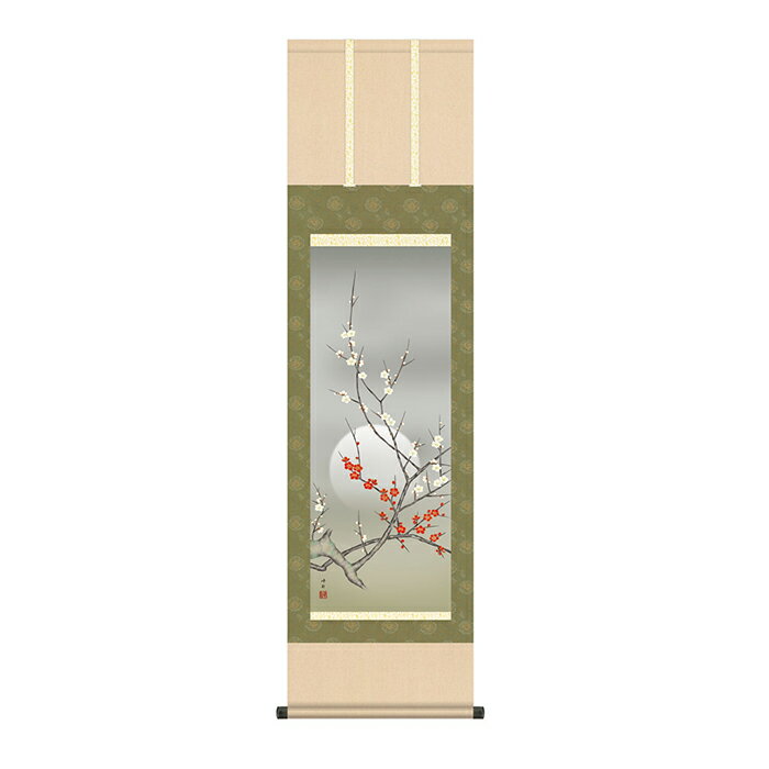 乐天商城 - 掛け軸 朧月紅白梅 園田峰彩 44.5x164cm 三幸