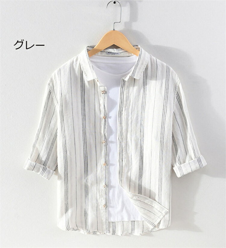 メンズ 　綿麻シャツ　　五分袖　　肌触り良い　　ストライプ　カジュアル　シンプル?? メンズファッション　 トップス　　　父の日　彼氏　プレゼント　 トップス