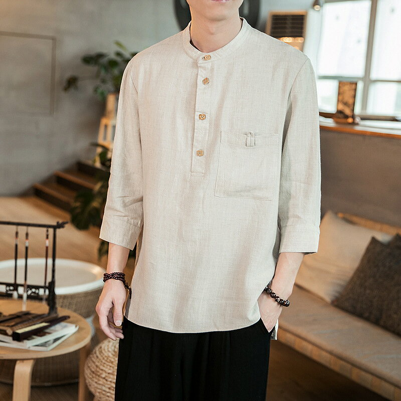 送料無料シャツ メンズ 春夏秋 綿麻 シャツ リネンシャツ 立襟 夏服 メンズ 七分袖 カジュアルシャツ 無地 ストライプ ビジネス おしゃれ かっこいい 春 夏 爽やか トップス シンプル アメカジ 日焼け止め UVカット