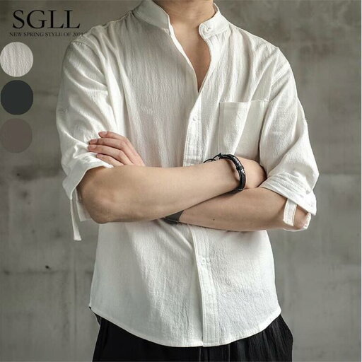 シャツ メンズ 春夏秋 綿麻 七分袖 シャツ リネンシャツ 立襟 夏服 メンズ 長袖 カジュアルシャツ 無地 ストライプ ビジネス おしゃれ かっこいい 春 夏 爽やか トップス シンプル アメカジ 日焼け止め UVカット