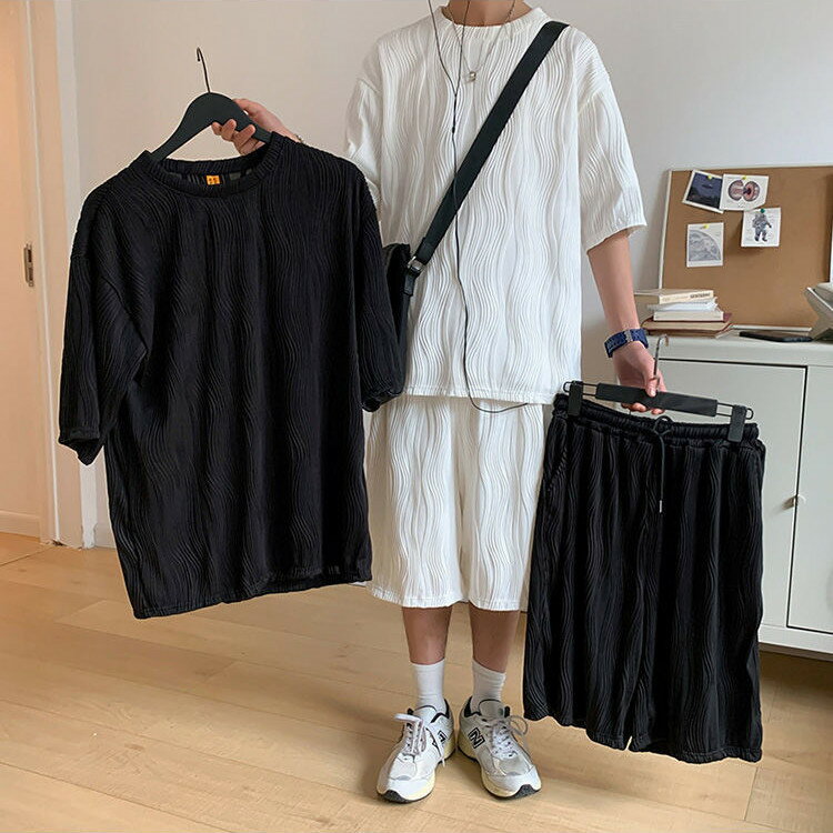 セットアップ メンズ ビッグシルエット 大きいサイズ ルームウェア 部屋着 半袖 上下セット サマーセット ショートパンツ モード系 ハーフパンツ 半ズボン 縦ライン メンズファンション 夏 春夏 夏服 カジュアル 韓国ファンション
