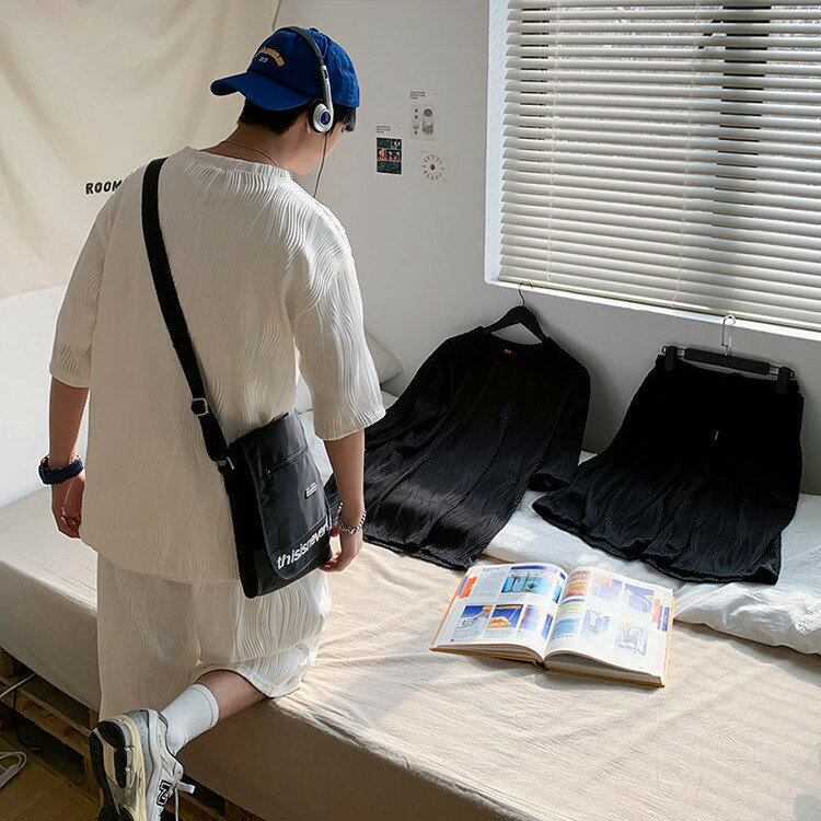 セットアップ メンズ ビッグシルエット 大きいサイズ ルームウェア 部屋着 半袖 上下セット サマーセット ショートパンツ モード系 ハーフパンツ 半ズボン 縦ライン メンズファンション 夏 春夏 夏服 カジュアル 韓国ファンション
