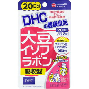 商品名 DHC 大豆イソフラボン 吸収型 20日分JAN:4511413406120内容量 8.0g［1粒重量200mg×40粒］商品特徴毎日ハツラツ、すこやかに！中高年期の女性、毎月のリズムをサポート『大豆イソフラボン 吸収型』は、吸収に優れたアグリコン型の［大豆イソフラボン］を1日摂取目安量あたり25mg配合したサプリメントです。サポート成分［ラクトビオン酸］も配合し、イソフラボンのはたらきを追及した処方にしました。さらに、中高年期の女性のゆらぎがちなリズムにうれしい［ホップエキス］［アマニ抽出物］、女性の健康に関わる［ビタミンD］［葉酸］もプラスして、いつまでも若々しく、健やかな毎日をサポートします。 飲みやすいタブレットで、毎日手軽にお摂りいただけます。アグリコン型イソフラボンのうれしい特徴！大豆イソフラボンには、「グリコシド型」と「アグリコン型」の2つのタイプがあります。「グリコシド型」は、糖が結合していて分子量が大きく、吸収には分解力が必要です。「アグリコン型」は、糖部分がはずれているため分子量が小さく、分解力に関係なく、スムーズに吸収されやすい特徴があります。 ※水または、ぬるま湯で噛まずにそのままお召し上がりください。※本品は天然素材を使用しているため、色調に若干差が生じる場合があります。これは色の調整をしていないためであり、成分含有量や品質に問題はありません。※妊娠・授乳中の方、小児はご利用をお控えください。※『ターンライフ』、『プレグム』、『大豆イソフラボン エクオール』との併用はお控えください。※『ナットウキナーゼ』、『酵素分解ローヤルゼリー』との併用は、量を半分にするなど加減してお召し上がりください。※婦人科系疾患のある方は、お医者様とご相談の上お召し上がりください。 主要原材料 ラクトビオン酸含有乳糖醗酵物（乳成分を含む）、大豆抽出物、ホップエキス、アマニ抽出物/セルロース、微粒二酸化ケイ素、ステアリン酸Ca、シクロデキストリン、セラック、葉酸、カルナウバロウ、ビタミンD3 成分［2粒400mgあたり］熱量1.5kcal、たんぱく質0.01g、脂質0.01g、炭水化物0.35g、食塩相当量0.0003g、ビタミンD 5.0μg、葉酸200μg、大豆イソフラボンアグリコン25mg、乳糖醗酵物185mg（ラクトビオン酸83mg）、ホップエキス10mg、アマニ抽出物5mg（リグナン40％）お召し上がり方 1日2粒を目安に水またはぬるま湯でお召し上がりください。 ※サプリメントは食品なので、基本的にはいつお召し上がりいただいてもかまいません。食後にお召し上がりいただくと、消化・吸収されやすくなります。他におすすめのタイミングがあるものについては、上記商品詳細にてご案内しています。 ※薬を服用中の方あるいは通院中の方、妊娠中の方は、お医者様にご相談の上、サプリメントをお召し上がりください。保存方法高温多湿や直射日光を避け、開封後はチャックをしっかり閉めて冷暗所に保管し、お早めにお召し上がり下さい。区分 日本製　サプリメント広告文責有限会社K・プランニング　047-752-1733DHC 大豆イソフラボン 吸収型 20日分 40粒】