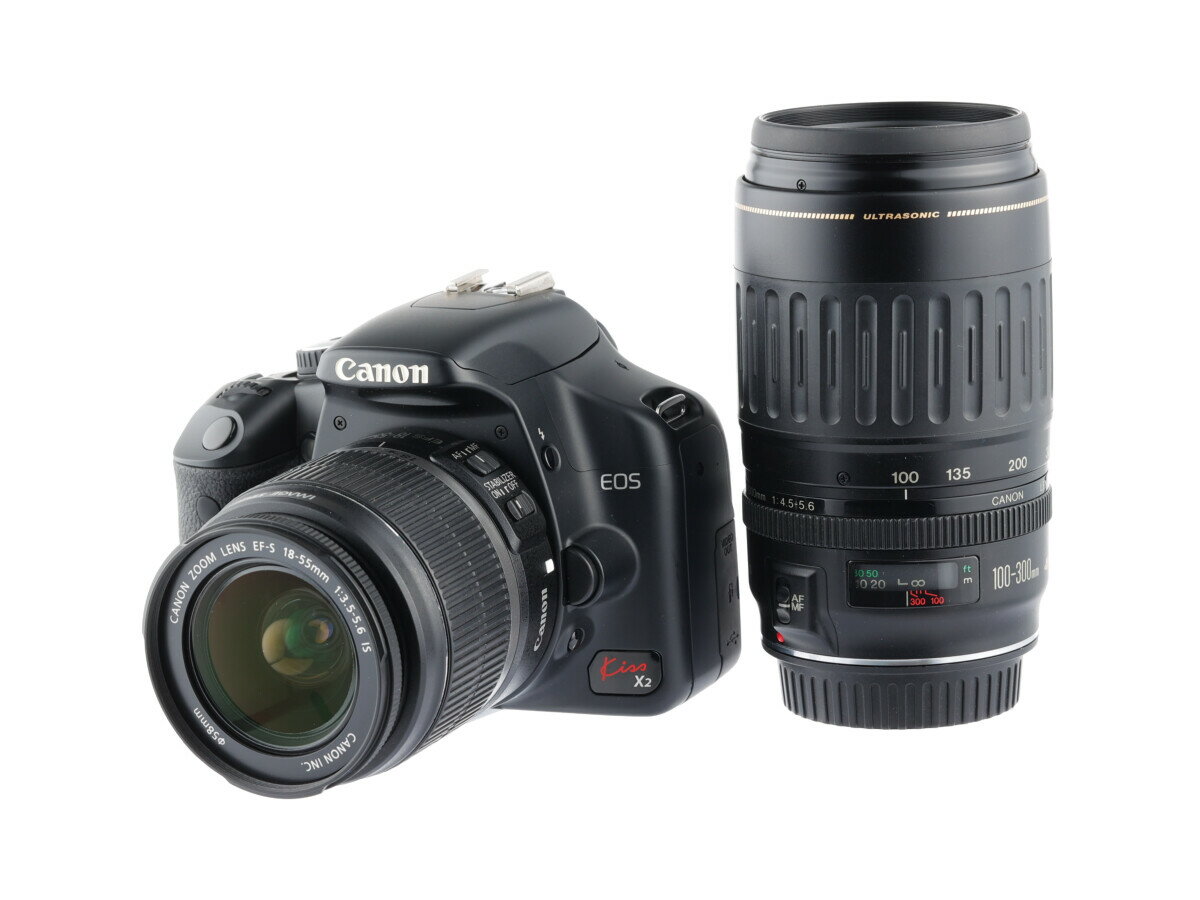 《良品》Canon EOS Kiss X2 + EF-S 18-55mm IS EF100-300mm デジタルカメラ デジタル一眼レフカメラ 標準 望遠 ズームレンズ APS-C機 入門機 エントリー機 小型 軽量 純正バッテリー EFマウント