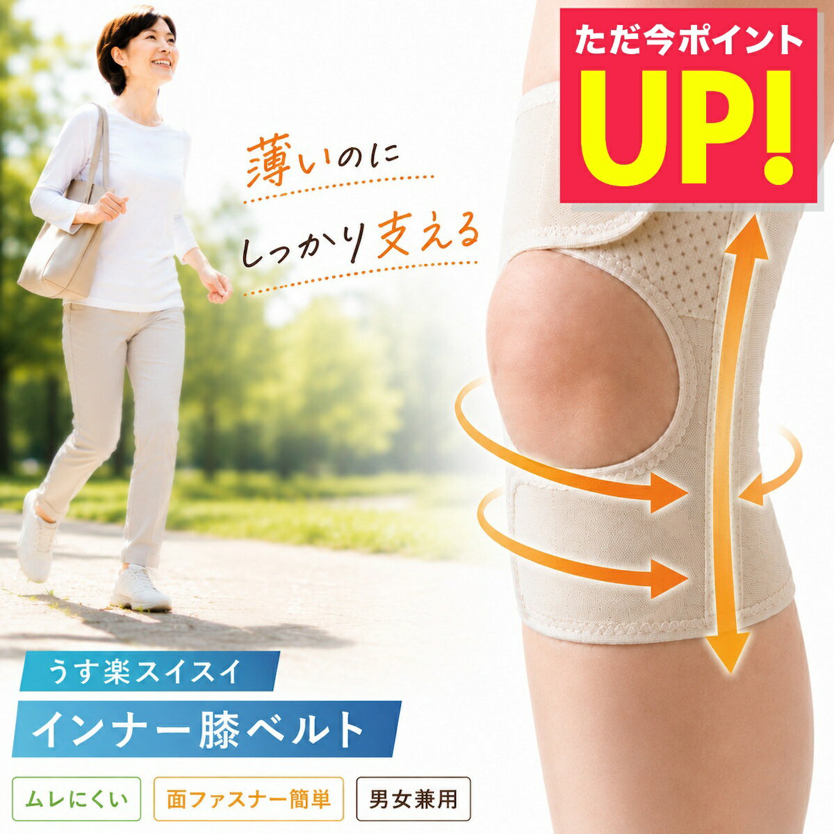 乐天商城 - 膝 サポーター ベルト うす楽スイスイ インナー膝ベルト マジ軽さん ベージュ 男女兼用 着圧 薄手 膝裏 正座 曲げやすい メッシュ 通気性 伸縮性 簡単装着 伸縮生地 p20