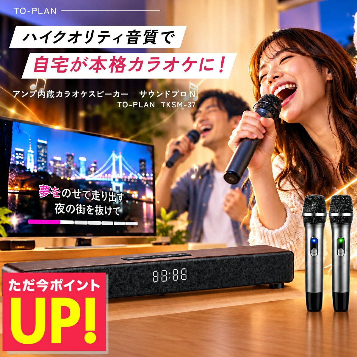 アンプ内蔵カラオケスピーカー サウンドプロN TKSM-37 家庭用 to-plan TO-PLAN ワイヤレスマイク2本付き デュエット …
