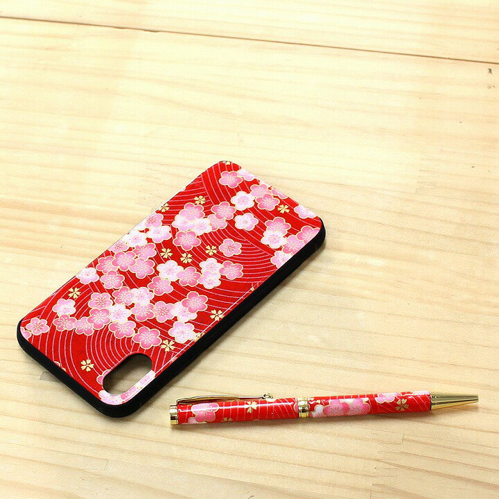 iphone x xs ケース iPhone ケース アイフォンケース ボールペン ギフトセット 美濃和紙 日本製 梅と青海波 レッド スマホケース luminio ルミニーオ tmtmp-1603red