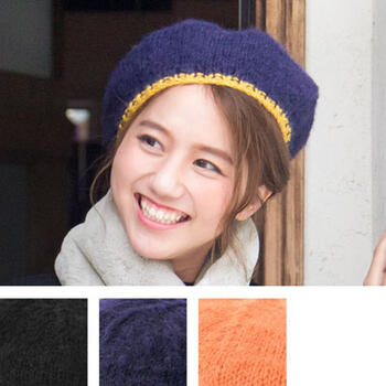 シンプル ニット ベレー帽 ハイライト〈 ブラック ネイビー ピンク〉ニット帽子 ニットキャップ レディース帽子 【送料無料 メール便】ネパール ウール100%