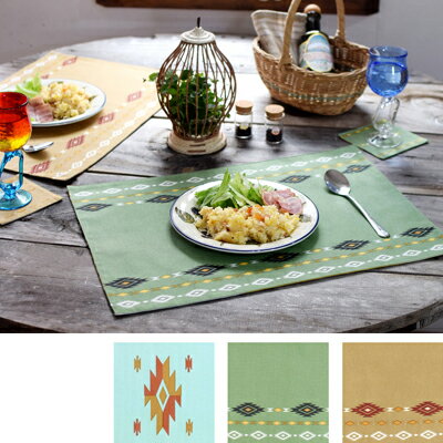 ランチマット ネイティブ プリント リバーシブル〈ミント カーキ ベージュ〉ボーダー ストライプ ランチョン マット 【送料無料 クリックポスト】インド 綿 100％ テーブルランナー アジアンティスト コットン ネイティブ ボヘミアン 幾何