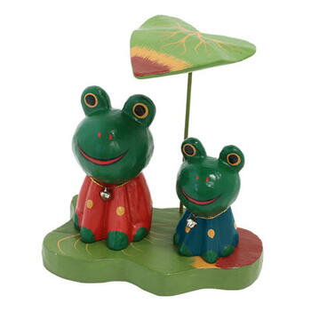 アニマル 傘さし 親子 カエル ファミリー バリ 木彫り アジアン雑貨 バリ雑貨 置物 オブジェ かえる 蛙