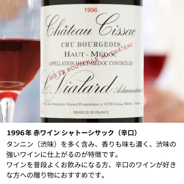 1996年 名入れ彫刻 生まれ年 赤ワイン シャトーシサック 辛口 ペアワイングラスセット 平成8年 名入れ 誕生日プレゼント ワインセット 化粧箱入