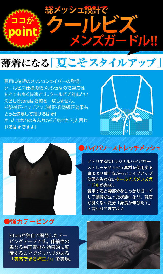 【補正下着 メンズ】[送料無料]MESH SHAPER 半袖ガードルTシャツ 【大きいサイズ 】 メッシュシェイパー[kitora キトラ][3L 4L 5L 6L][男性用 メンズ Mens 矯正下着 美姿勢 猫背補正 丹田サポート ブラック ベージュ ホワイト]