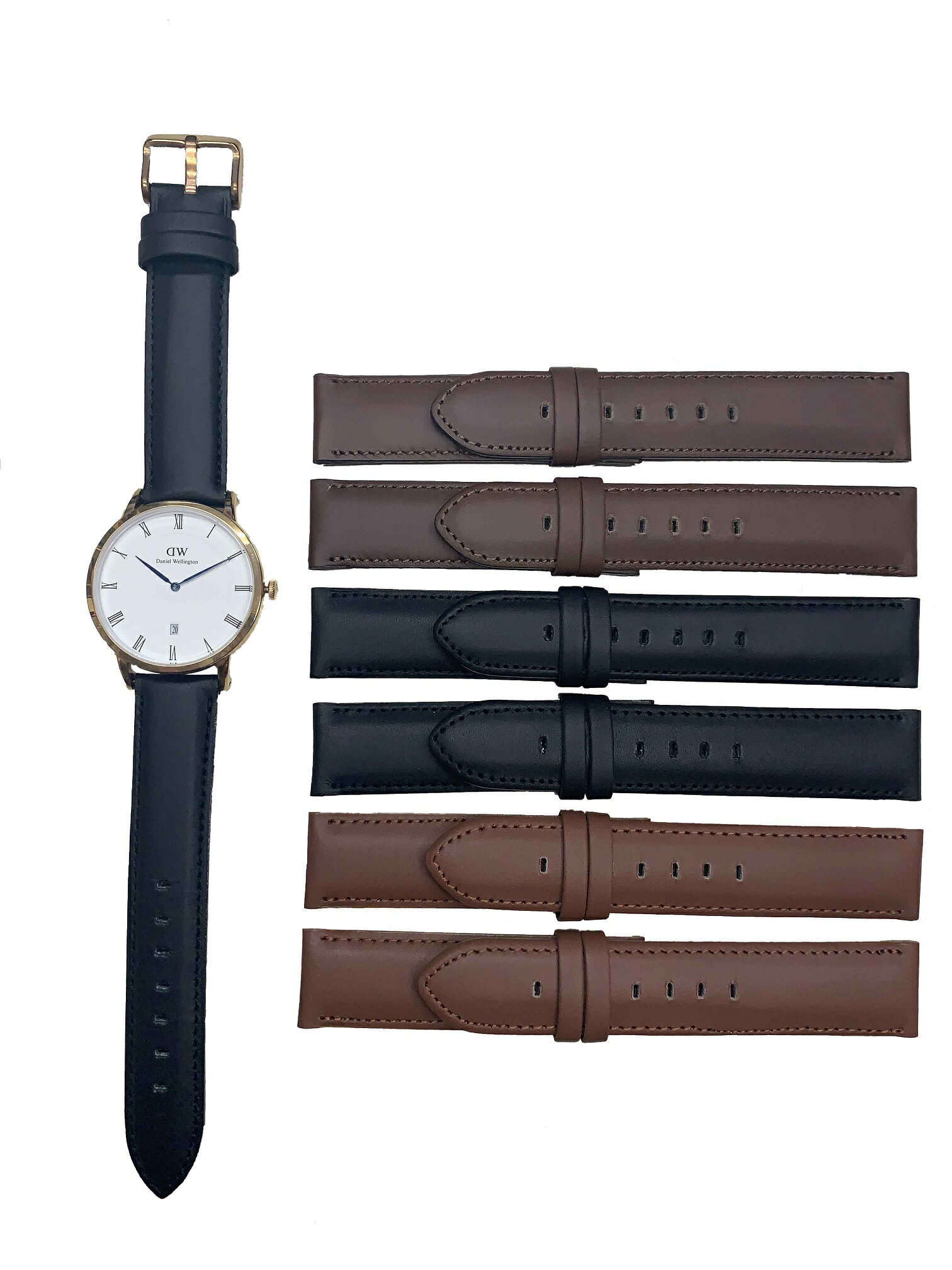 【商品説明】 こちらの商品Daniel Wellingtonやファションブランド時計のストレートバンドに対応しています。 ●素材　カーフ牛皮　（カーフ＝子牛） ●カラー　ブラック ●同色ステッチ入り ●サイズ　ラグ幅20mm　美錠幅20mm ●長さ　美錠側（12時側）75mm　剣先側（6時側）110mm　 ●厚み　中央部　4mm ●裏　カーフ　ベージュ素材　 ●通し穴　長方形穴　7コ　 ●美錠なし ●日本製 ●画像にてご確認・ご理解の上ご入札お願い致します。　 Daniel Wellingtonやファションブランド時計のストレートバンドに対応できます。 ※ご注文の際、カラー・サイズ等お間違いないか確認お願い致します。 発送はスマートレターのみで送らせていただきます。