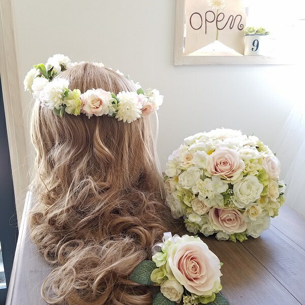 *misuzu* ベビーピンクのラウンドブーケ3点セット(ヘアパーツも可)花冠 ブトニア ウェディングブーケ ガーデンチャペル 前撮り 海外挙式