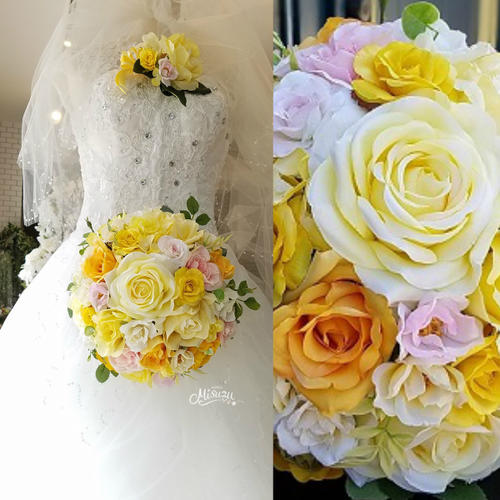 *misuzu*【ブーケ＆ブトニア・選べる髪飾りセット】ウェディングブーケ　012　上品パステルmix　前撮り・海外挙式・リゾ婚　ブライダル