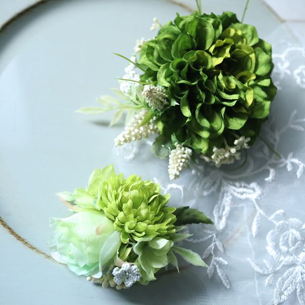 ナチュラルテイスト ヘッドドレス ダリアコサージュ2個セット【グリーンティ】 ドレスコサージュ 入学式 卒業式 パーティ 結婚式ギフト