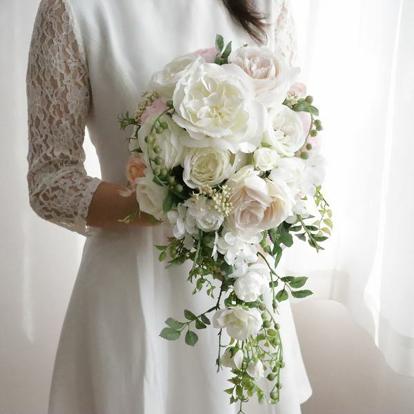 上質オールドローズのキャスケードブーケ&ブトニアセット(造花) ほんのりパステル 前撮り 海外挙式