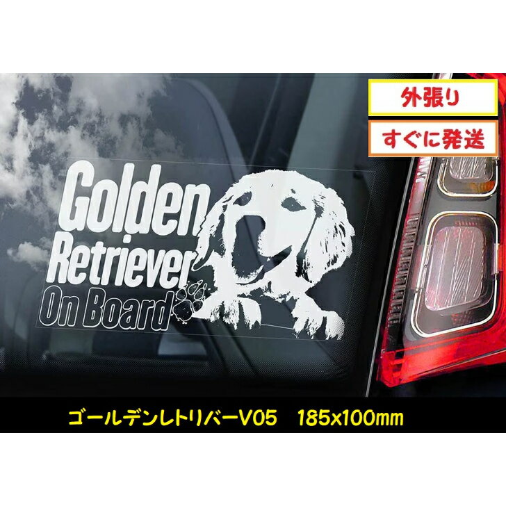  スモークウインドウ に映える カーステッカー シールタイプ 外張り 185×100mm ホワイト印字 白色印字 黒い ボディ にも イギリス 大型犬 Golden Retriever ゴールデン レトリバー ゴールデン・レトリバー 　犬 車 ステッカー