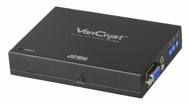 VS1204T/VS1208T専用レシーバー【VE170R】 Cat5タイプ VE170はオーディオ・ビデオの信号を延長するエクステンダーです。製品はソースデバイスと接続するトランスミッター(VE170T)と、延長先でモニターやスピーカーが接続できるレシーバー(VE170R/VE170RQ)から構成されており、これらのユニットをカテゴリ5e対応のLANケーブルで接続して最大300m先まで信号を延長することができます。 オーディオ・ビデオエクステンダー 本製品は単体でオーディオ・ビデオ信号を延長できるだけでなく、レシーバーVE170R/VE170RQはオーディオ・ビデオスプリッターVS1204T/VS1208Tの延長器として使用することも可能です。中でも、レシーバーVE170RQはデスキュー機能を搭載しており、信号の遅延を補正しますので、延長先でも特に高い画質を得ることができます。 ・カテゴリ5eケーブルを使用して、信号を最大300mまで延長することが可能 ・ディスプレイはローカル側に1台、リモート側に1台接続可能 ・デスキュー機能(VE170RQのみ) &#8211; 距離に応じて、信号の強さとRGB各色のタイミングのずれを手動/自動で補正 ・解像度 - VE170R : 最大1,920×1,200@60Hz(30m)、1,600×1,200@60Hz(150m)、1,024×768@60Hz(300m) VE170RQ : 最大1,920×1,200@60Hz(150m)、1,280×1,024@60Hz(300m) ・オーディオ対応 (モノラル) ・ゲイン調節/補正の調整が可能 ・8KV/15KV ESD保護 ・ラックマウント対応 ・マウント規格VESA FDMI準拠 ・※長距離伝送の場合、弊社 Cat5eケーブルのご使用を推奨致します。 ●構成品 ・トランスミッター VE170T ・レシーバー VE170R VE170RQ (デスキュー機能搭載) 型番 同梱品 VE170T VE170R VE170RQ その他 VE170 ○ ○ &nbsp; 2L-2402A(1.8m)×1電源アダプタ×2ラックマウントキット(2pcs)×1ユーザーガイド×1 VE170Q ○ &nbsp; ○ VE170R &nbsp; ○ &nbsp; 電源アダプタ×1ラックマウントキット(1pc)×1ユーザーガイド×1 VE170RQ &nbsp; &nbsp; ○ *本製品のオーディオ出力はモノラル仕様ですので、VGA/オーディオケーブル2L-2402Aは、ステレオオーディオとしてはご利用になれません。 ●仕様表 機能 VE170T VE170R VE170RQ コンピューター接続数 1 - - 入力側コネクター ビデオ入力 D-sub15ピンオス×1 - - オーディオ入力 ミニオーディオジャック×1 - - 出力側コネクター ビデオ出力 D-sub15ピンメス×1 オーディオ出力 ミニオーディオジャック×1 電源ジャック DC電源ジャック×1 ユニット間接続 RJ-45×1 スイッチ 手動ゲイン調整 - 調節ツマミ×2 RGBチューナー - - 調節ツマミ×3 LED 電源 - グリーン×1 延長距離 最大300m(解像度1,024×768@60Hzの場合) 最大300m (解像度1,280×1,024@60Hzの場合) 電源仕様(アダプタ) 型番：0AD8-0605-09EG入力：AC100〜240V 50〜60Hz出力：DC5.3V 0.94A 消費電力 0.9W 1.11W 1.43W 解像度 1,920×1,200@60Hz(30m)1,600×1,200@60Hz(150m)1,024×768@60Hz(300m) 1,920×1,200@60Hz(150m)1,280×1,024@60Hz(300m) 動作環境 動作温度 0〜50℃ 保管温度 -20〜60℃ 湿度 0〜80%RH、結露なきこと ケース材料 メタル 重量 250g サイズ(W×D×H) 85.6×119.5×22.6mm