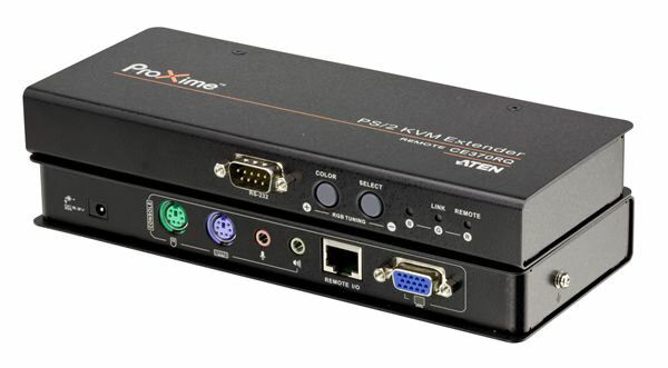 ATEN デスキュー機能搭載！オーディオ対応 PS/2 KVMエクステンダー【CE370】 デスキュー機能搭載！オーディオ対応PS/2 KVM エクステンダー CE370は、デスキュー機能を搭載した、オーディオ対応PS/2 KVMエクステンダーです。 PCが接続されているローカルユニットと、コンソールが接続されているリモートユニットの間をカテゴリ5eケーブルで接続し、 KVM信号とオーディオ信号を最大300m(解像度1,280×1,024)まで延長することができます。 デスキュー機能搭載で自動補正可能！ デスキュー機能により、延長時に生じるRGB信号の色相ずれやタイミングエラー等、信号の遅延や不整合を自動的に補正する事ができ、延長先でもクリアな画質を得ることができます。 また、製品搭載のOSD(オンスクリーンディスプレイ)を使えば、煩雑な画質の調整も直感的に行うことができます。 ・リモート/ローカルの各ユニットをカテゴリ5eケーブルで接続し、最大300m(解像度1,280×1,024の場合)まで延長することが可能 ・デスキュー機能 - 距離に応じて、信号の強さとRGB各色のタイミングのずれを手動/自動で補正 ・ビデオ画質の調整に便利なOSD搭載 ・R/G/B設定の手動設定・保存・読み込みに対応 ・RS-232対応 - シリアルターミナル、タッチスクリーン、バーコードリーダー等のシリアルデバイスが接続可能 (ボーレート：115200bps) ・解像度 - VGA、SVGA、SXGA (1,280 x 1,024)、UXGA (1,600 x 1,200)、WUXGA(1,920×1,200)、マルチシンクモニター対応。DDC2B準拠 ・自動信号補正機能(ASC) ・設定保存機能 ・デュアルコンソール対応 - ローカル/リモートの各コンソールから同一のコンピューターを操作 ・自動ゲイン調節 - 距離を検出し自動調節 ・オーディオ対応 - スピーカー、マイクの使用が可能 ・プッシュボタンによる操作モード切替(ローカルユニットのみ) - 2種類の操作モード(ローカル/オート)を提供 ・8KV/15KV ESD保護および2KVサージ保護 ・高い信頼性と互換性を誇るASIC搭載 ・ホットプラグ対応 ・ラックマウント対応 ・ソフトウェアが不要な簡単セットアップ - 必要な作業はケーブルの接続のみ ※長距離伝送の場合、弊社 Cat5eケーブルのご使用を推奨致します。 機能 CE370L CE370RQ コンピューター接続数 1 - コンソール接続数 1 1 コンピューター側対応インターフェース キーボード PS/2 - マウス コンソール側対応インターフェース キーボード PS/2 マウス コンピューター側コネクタ キーボード SPHDメス×1 - マウス モニター スピーカー ミニオーディオジャック×1 - マイク ミニオーディオジャック×1 - コンソール側コネクタ キーボード ミニDIN6ピンメス×1 マウス ミニDIN6ピンメス×1 モニター D-sub15ピンメス×1 スピーカー ミニオーディオジャック×1 マイク ミニオーディオジャック×1 RS-232ポート DB-9ピンメス×1 DB-9ピンオス×1 ユニット間接続 RJ-45×1 電源ジャック DC電源ジャック×1 LED ローカル グリーン×1 - リモート グリーン×1 - B - ブルー×1 G (リンク) - オレンジ/グリーン×1 R (リモート) - レッド×1 プッシュボタン 操作モード選択 プッシュボタン×1 - 色 - プッシュボタン×1 選択 - プッシュボタン×1 キーボード・マウスエミュレーション PS/2 電源仕様(アダプタ) 型番：0AD8-0605-24EG入力：AC100〜240V 50〜60Hz出力：DC5.3V / 2.4A 消費電力 3.38W 6.43W 延長距離 最大300m (解像度1,280×1,024の場合) 解像度 1,920×1,200@60Hz (150m)1,280×1,024@60Hz (300m)DDC2B準拠 動作環境 動作温度 0〜50℃ 保管温度 -20〜60℃ 湿度 0〜80% RH、結露なきこと ケース材料 メタル 重量 490g 480g サイズ(W×D×H) 200×80×25mm 同梱品 2L-5302P(1.8m)ケーブル×1電源アダプタ×2ラックマウントキット×1クイックスタートガイド×1