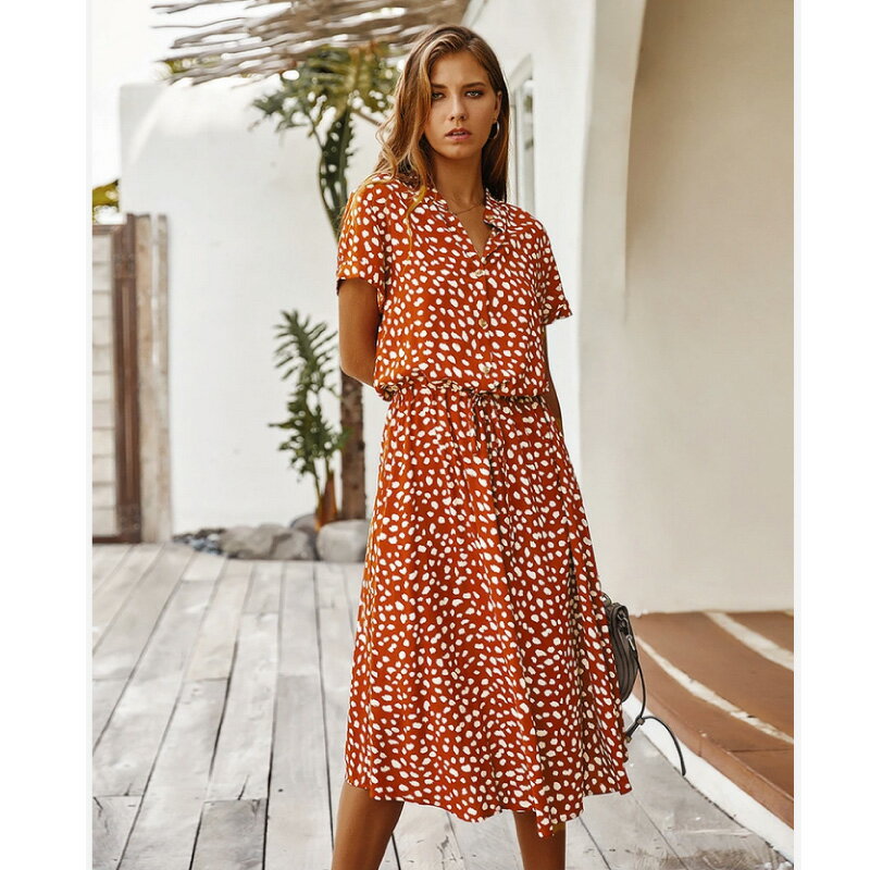 ワンピース ワンピ ロングワンピース 半袖 体型カバー プリント 春 夏 秋 フレア ロングワンピ レディース ロング シャツワンピ オレンジ