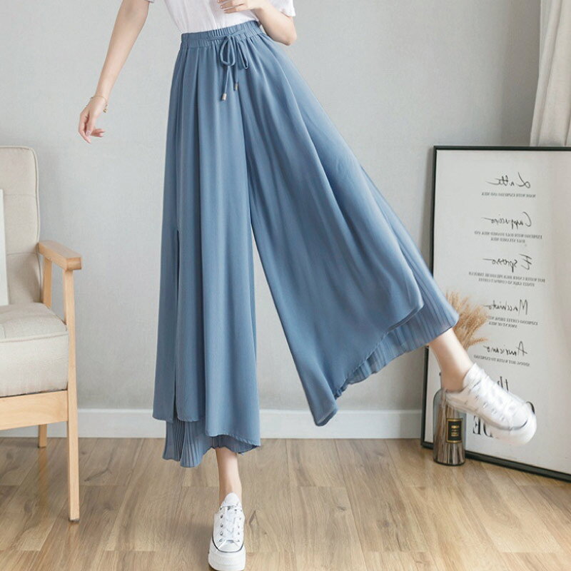 ワイドパンツ きれい 美脚 シフォン ファッション レディース 春 夏 パンツ ロング丈 ウエストゴム フレアパンツ ゆったり ロングパンツ スカート風 ボトムス きれいめ 夏 春秋 レイヤー レイヤード ピンク 黒ライトブルー ブラック atfashion-10000797 AmiTumi Fashion サンプル画像2