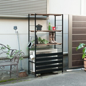 \ページ限定・ティースプーン付/ 収納付き エアコン室外機カバー 【古木調天板 室外機ラック 上棚付き ハイタイプ NJ-0542】 【送料無料・日本製】