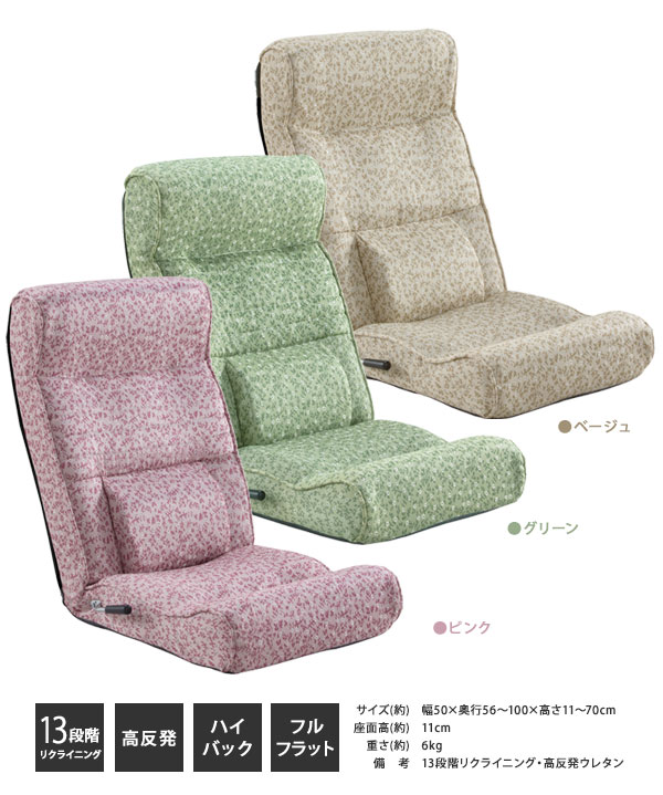 ＼ページ限定・ティースプーン付/ フルフラット座椅子【送料無料】【腰にやさしい高反発座椅子DX 座ったままリクライニング マーガレット柄】頭をしっかり支えるハイバック [3]