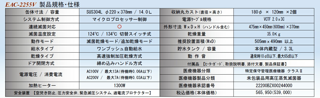 富士医療測器 高圧蒸気滅菌器 EAC-2255V オートクレーブ 【代引き不可】【設置なし】