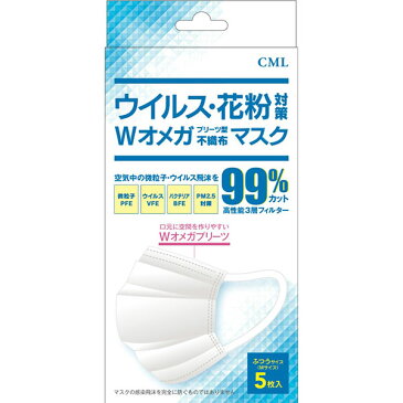 【あす楽】【在庫あり】【即発送可能】 【国内発送】マスク 使い捨てタイプ 1箱 5枚入り Wオメガプリーツ型 不織布 個包装 白 ホワイト