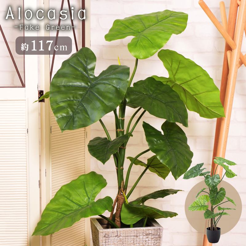 Rakuten - フェイクグリーン アロカシア 人工観葉 観葉植物 人工観葉植物 グリーン 緑 葉 木 草 水やり不要 お手入れ不要 リビング 玄関 寝室 ベッドルーム おしゃれ 北欧 インテリア インテリア雑貨 117cm 高さ117 大きめ 大きい 大型 東谷 父の日
