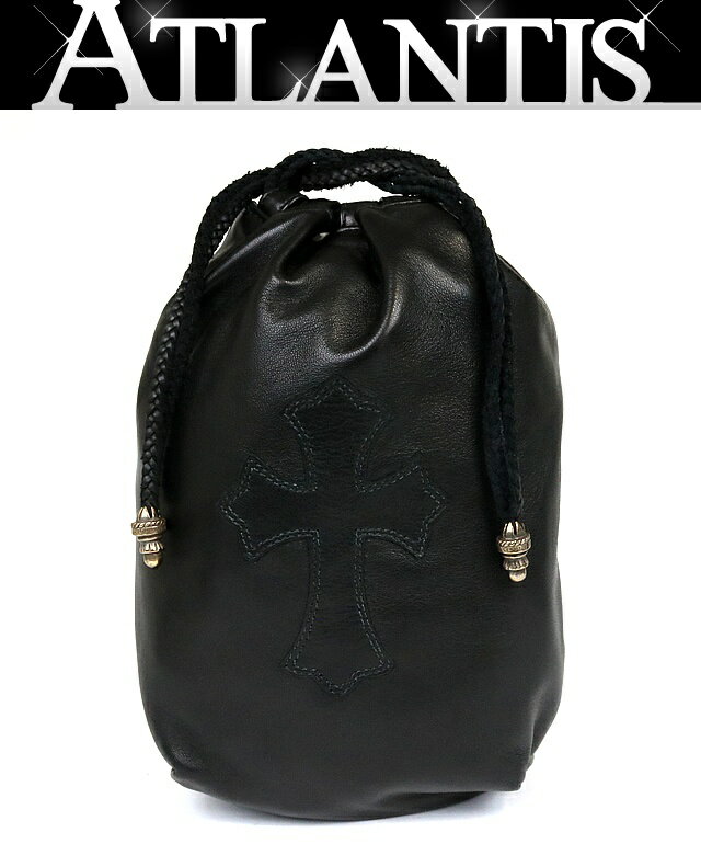 CHROME HEARTS 銀座店 クロムハーツ 新品 ドローストリングス クロスパッチ 巾着 レザー SV925 黒 94667