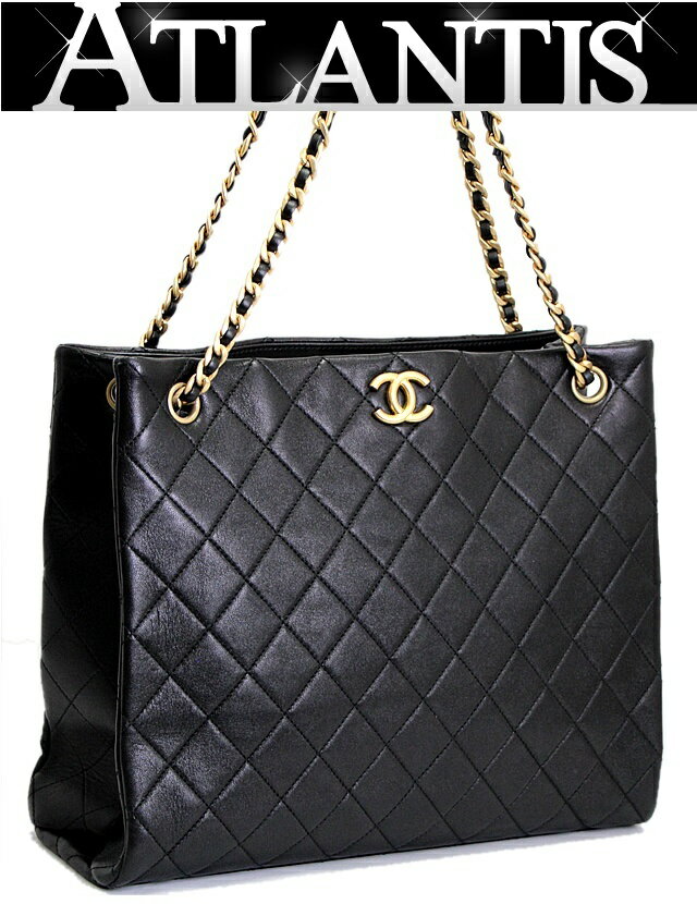 美品 シャネル CHANEL マトラッセ ロゴチェーン トートバッグ ラムスキン 黒 G金具 【65154】