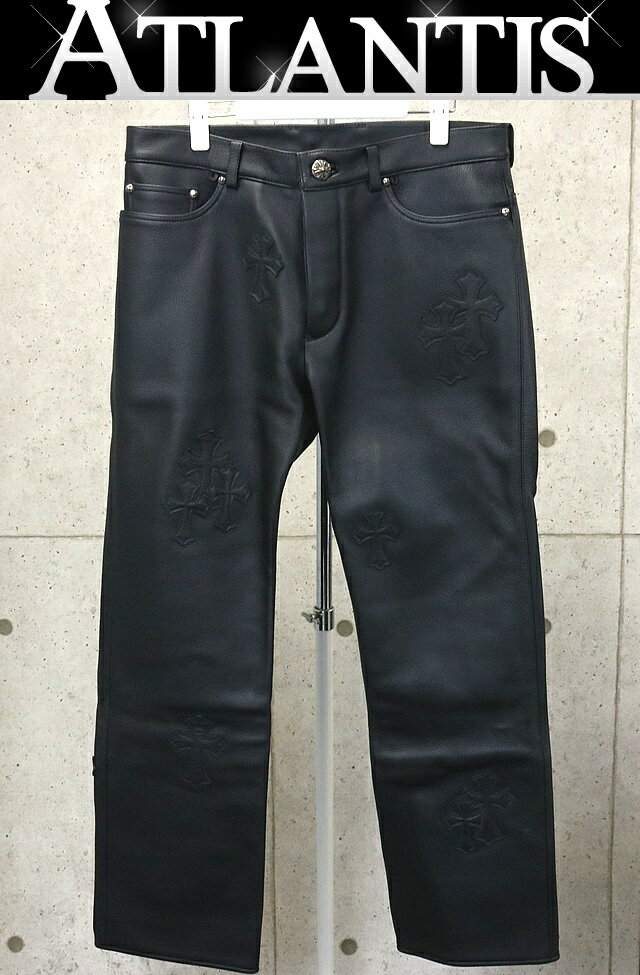 CHROME HEARTS 銀座店 クロムハーツ 新品 JEAN STRTLG LTHR クロスパッチ レザーパンツ 33インチ 黒 95043