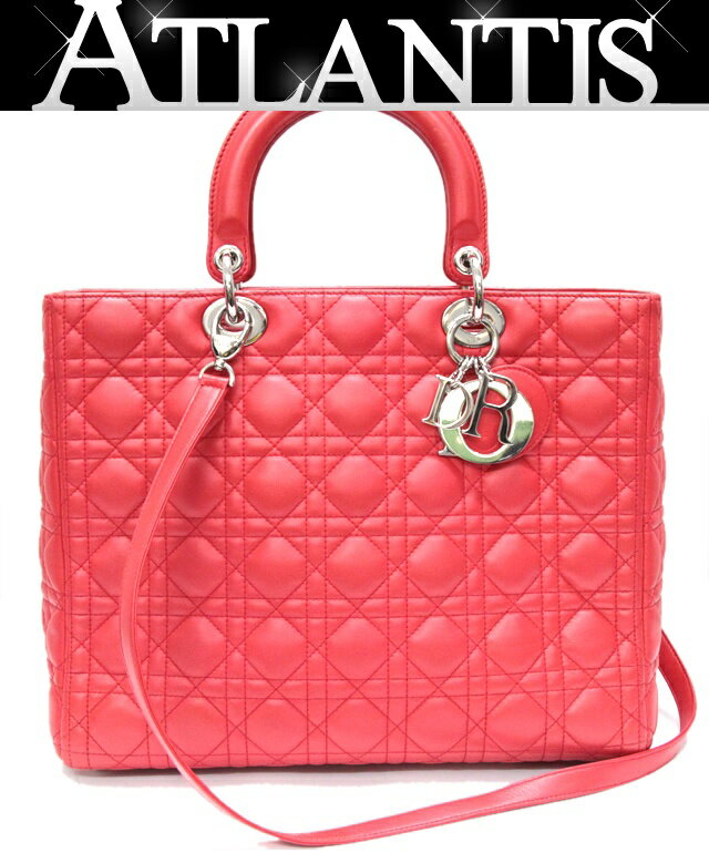 美品 クリスチャンディオール Christian Dior レディディオール カナージュ 2WAYバッグ ラージ ラムスキン 赤 S金具 【72269】