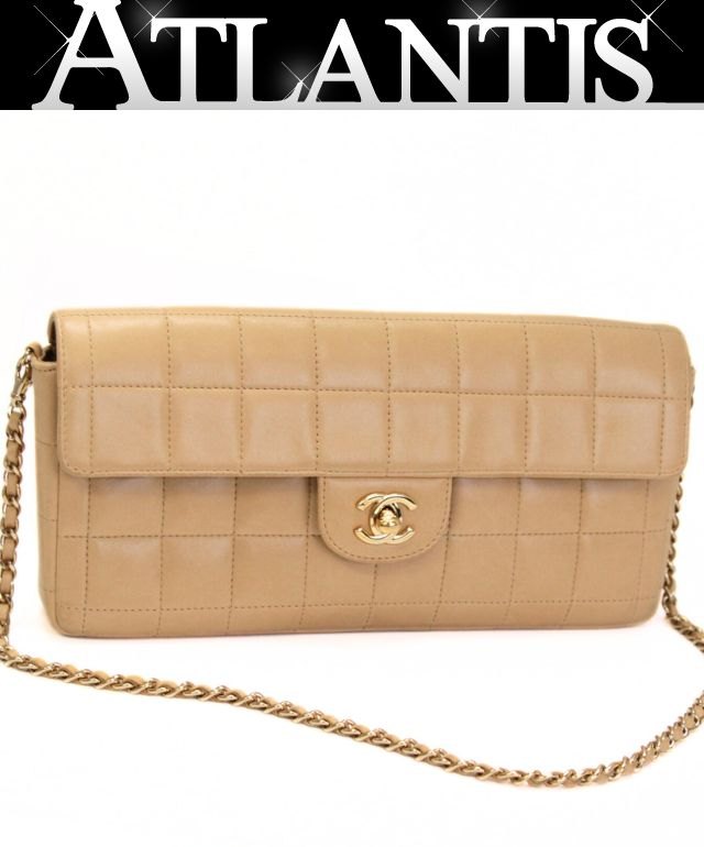 シャネル CHANEL チョコバー イーストウエスト チェーンショルダーバッグ ラムスキン ベージュ G金具 8番台 【72516】(4)