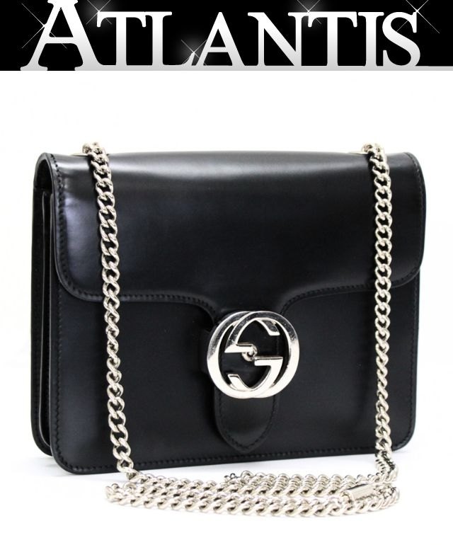 美品 グッチ GUCCI インターロッキングG チェーンショルダーバッグ スモール レザー 黒 387609 【72931】