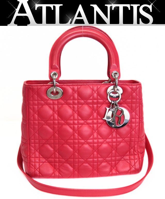 クリスチャンディオール Christian Dior レディディオール 2WAY ハンドバッグ ショルダーバッグ ミディアム カナージュ ラム 赤 SV金具 【73173】