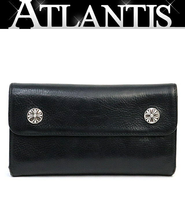 【広尾店】クロムハーツ CHROME HEARTS クロスボタン ウェーブウォレット 三つ折り 長財布 レザー SV925 黒 【18182】