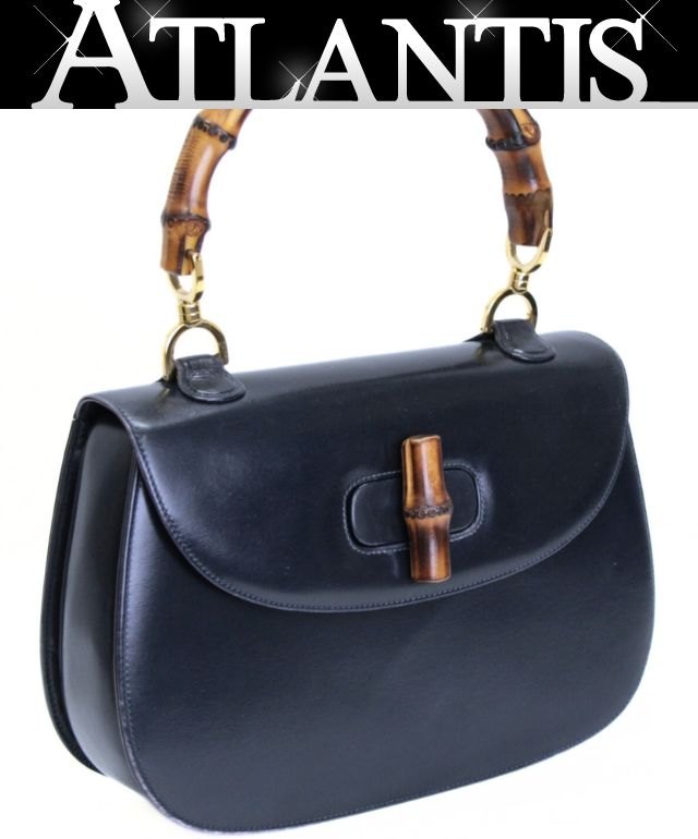 グッチ GUCCI ヴィンテージ バンブー ハンドバッグ ミディアム カーフレザー ネイビー 【73597】