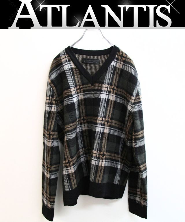 CHROME HEARTS 新宿店 クロムハーツ 新品 BIG CITY チェック柄 Vネックニット メンズ size:L 緑系 【30474】