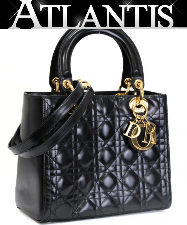 クリスチャンディオール Christian Dior レディディオール ミディアム 2WAYバッグ カナージュ 光沢カーフ 黒 G金具 【73840】