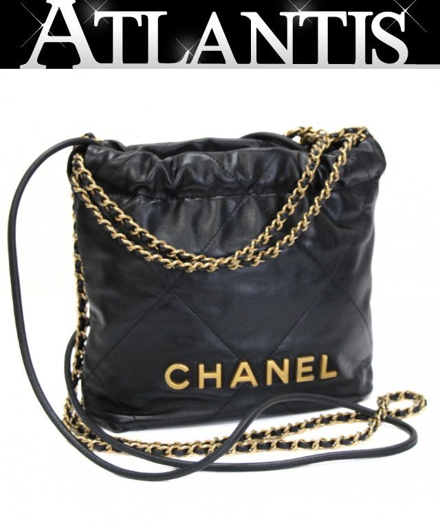 Rakuten - 極美品 シャネル CHANEL シャネル22 ミニチェーンショルダーバッグ カーフスキン 黒 G金具 プレート 【73938】